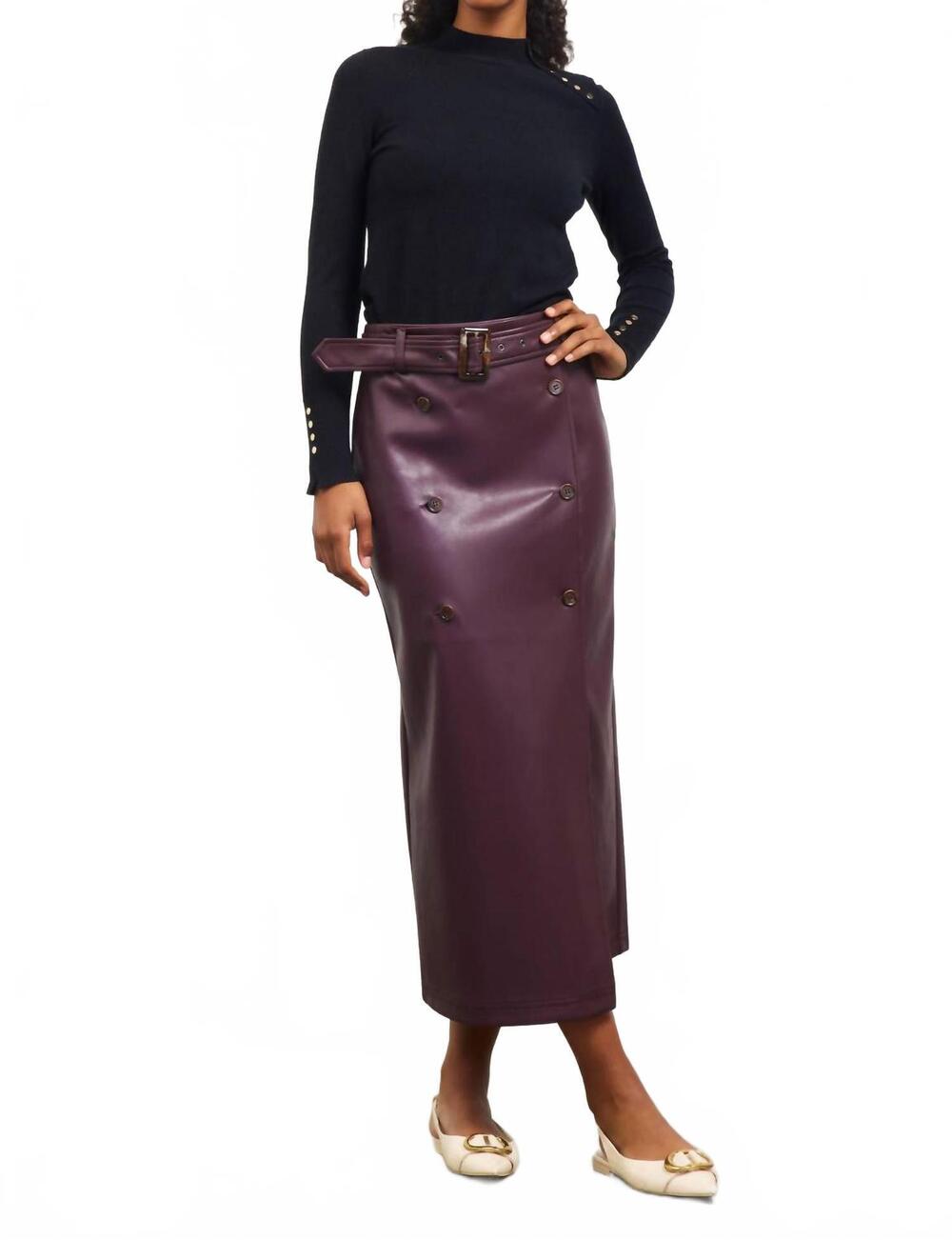 NEW SKIES ARE BLUE faux leather midi skirt with belt in plum